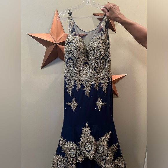 Blue mermaid style prom dress with gold detailing from Anny Lee. - Picture 5 of 5